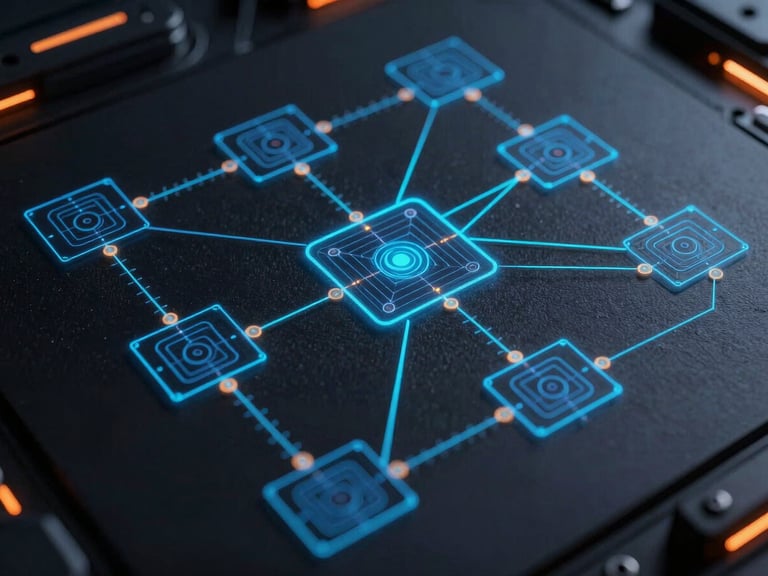 A clean technical blueprint diagram of a network topology, glowing cyan lines on a dark obsidian background, sharp vector style, high contrast