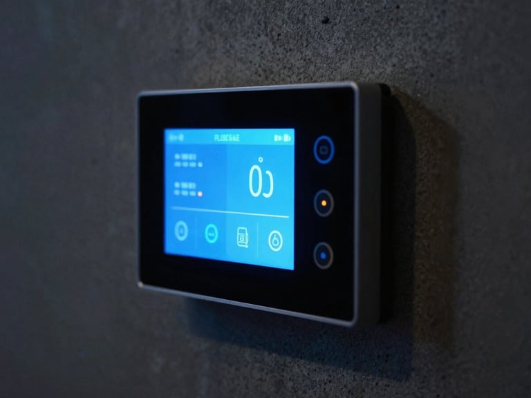 Extreme close-up of a flush-mounted smart home control panel on a dark concrete wall, glowing cyan interface, clean architectural integration, shallow depth of field