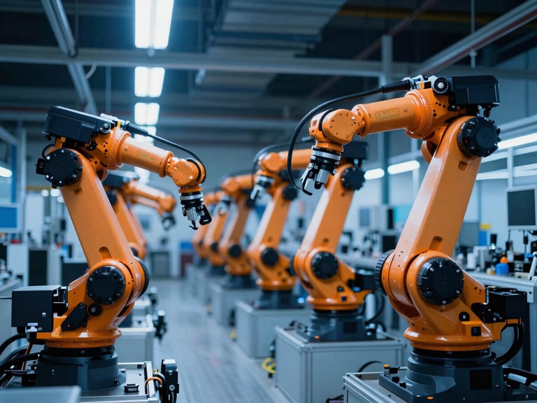 Wide-angle view of a clean automotive assembly line with multiple robotic arms synchronized under cool blue high-contrast lighting