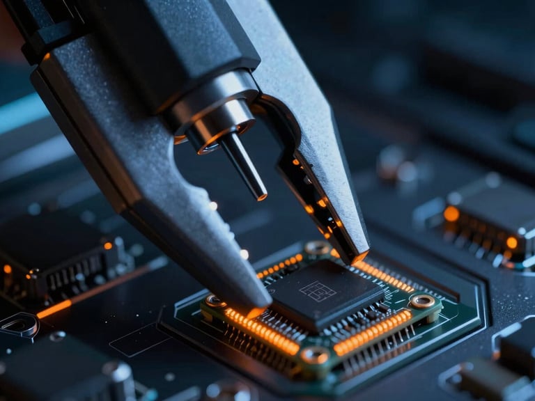 Macro detail of a pneumatic gripper picking up a precise electronic component, orange LED accents, dark high-tech environment