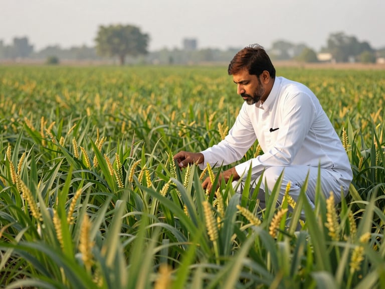 Pakistani farmer inspecting a healthy crop field at dawn, professional corporate photography, bright daylight, deep green and gold accents, sharp focus, editorial style, 35mm
