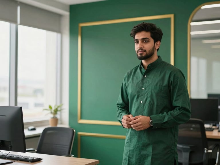 Pakistani young entrepreneur presenting a business plan in a modern office, bright daylight, professional corporate photography, deep green and gold accents, sharp focus, editorial style, 35mm