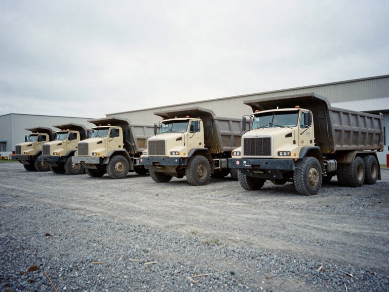 Fleet of heavy-duty dump trucks and lowbed trailers parked in a gravel yard at the Eddy Street facility, with industrial buildings in the background, overcast New England morning light, industrial documentary photography, low-angle wide shot, 35mm film grain