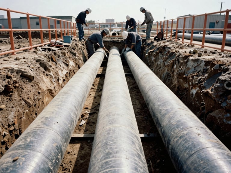 Close-up of workers in hardhats installing large diameter utility pipes in a trench, with safety barriers around the excavation, harsh midday sun, gritty desaturated tones, industrial documentary photography, low-angle wide shot, 35mm film grain