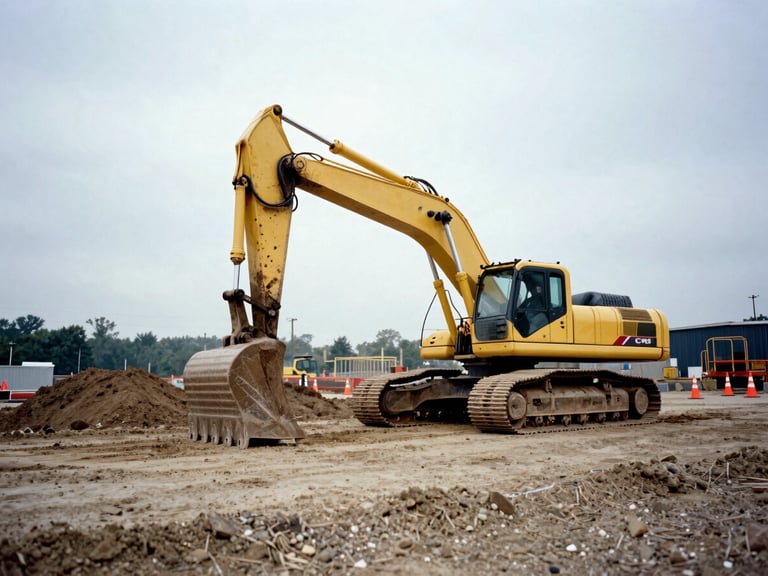 Wide shot of a large yellow excavator digging into a construction site, with dirt mounds and safety cones visible under overcast New England morning light, industrial documentary photography, low-angle wide shot, 35mm film grain