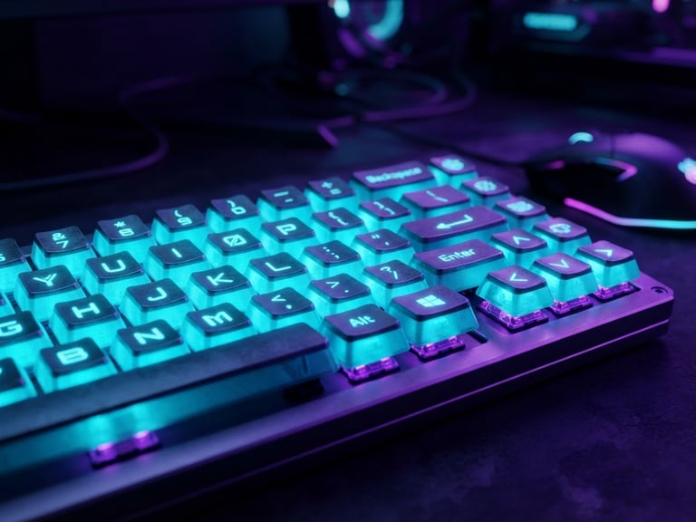Close-up of a glowing mechanical keyboard with neon cyan keycaps, dramatic violet backlighting, dark cyberpunk gaming room environment, futuristic digital art style