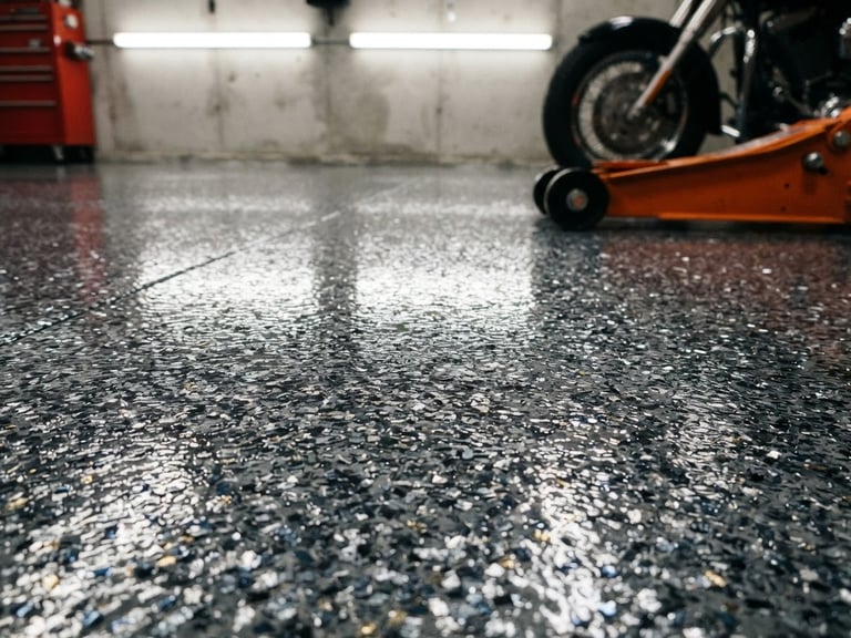 Low-angle close-up of a perfectly coated titanium gray garage floor with metallic chips reflecting overhead utility lights, crisp 35mm industrial photography