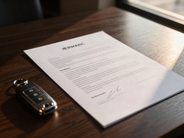 Close-up of a signed premium contract on a dark wooden desk next to a luxury car key fob, soft golden-hour window light