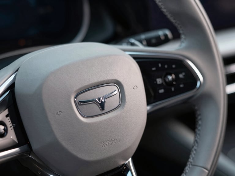 Detailed close-up of a silver luxury car steering wheel and pristine leather stitching, cinematic lighting, shallow depth of field