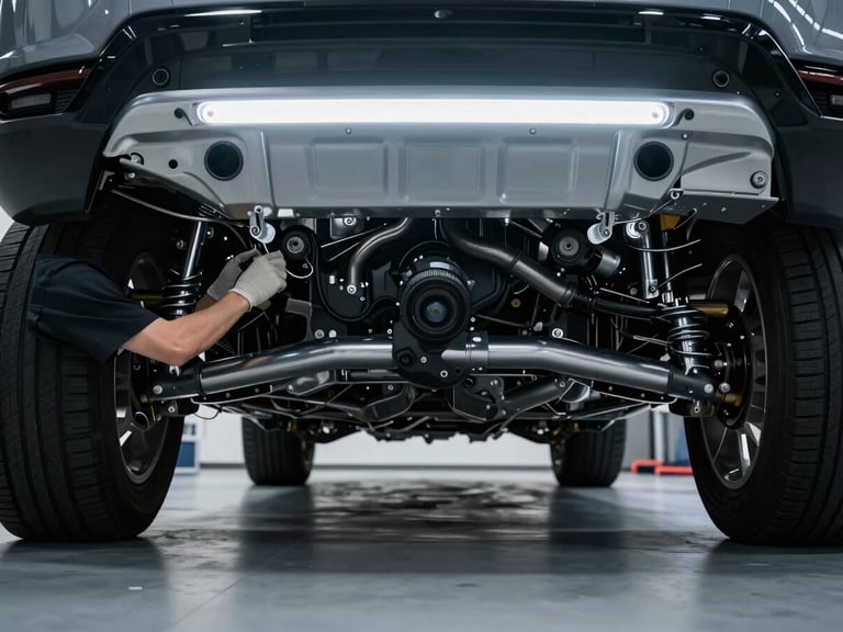 Professional automotive technician inspecting a luxury SUV chassis under crisp LED bay lights, clean modern workshop environment, sharp details