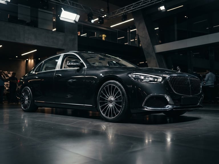Low-angle heroic shot of a luxury sedan inside a modern, architectural showroom in Hyderabad, dramatic studio key lights reflecting on polished metallic paint, 50mm lens