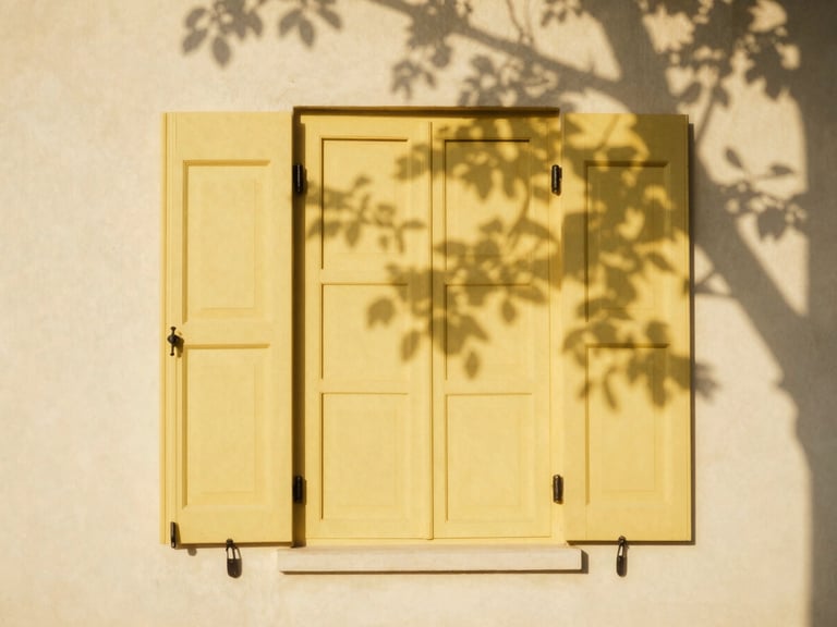 Close-up of elegant yellow shutters on a warm cream cottage wall, sun-dappled shadows from nearby leaves, warm editorial 35mm film style