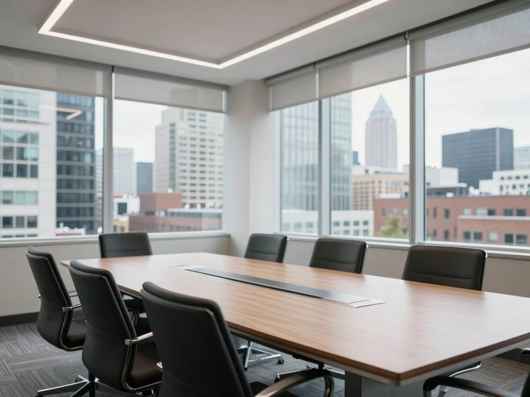 A clean, modern corporate boardroom in Western Canada with large windows overlooking a professional cityscape, bright natural light.