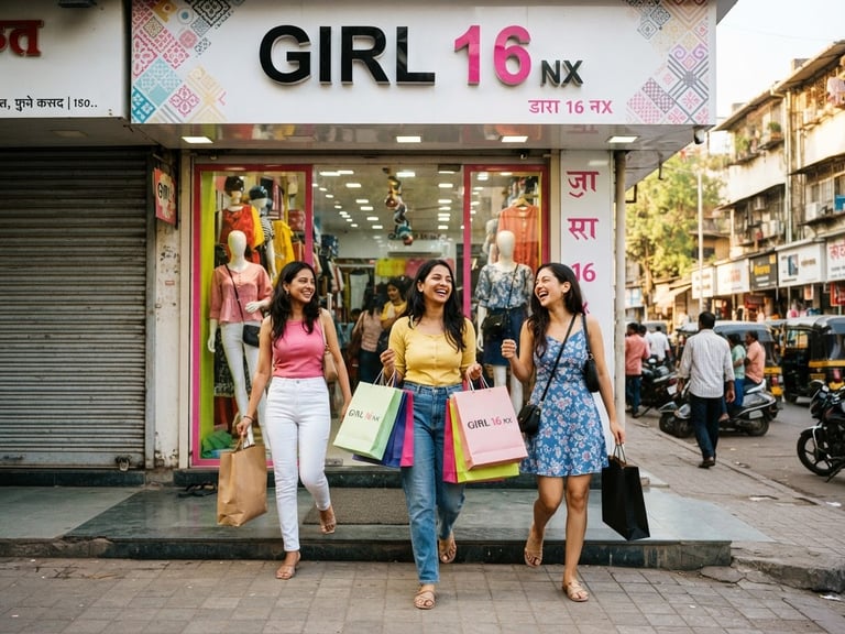 Vibrant street-style shot of GIRL 16 NX storefront in Thane, young women exiting with shopping bags, bright natural daylight, energetic youthful mood, sharp focus, 35mm lens