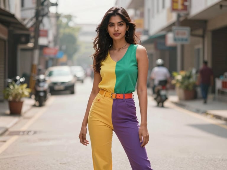 Young woman in a vibrant co-ord set, posing in an urban Thane street, bright natural daylight, energetic youthful mood, sharp focus, 35mm lens.