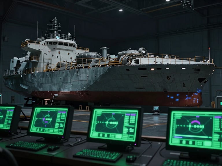 Wide-angle cinematic sci-fi shot of a massive industrial cargo ship hull in a dark hangar bay, glowing neon green telemetry screens in the foreground, cold lighting, 35mm.