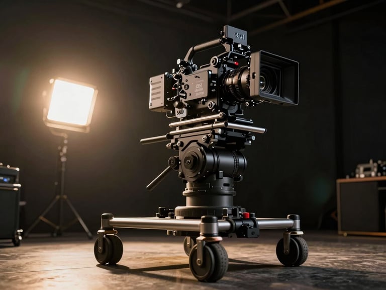Low-angle cinematic shot of a high-end anamorphic camera rig on a dolly, dramatic low-key lighting with golden lens flare, dark soundstage background, ultra-wide 2.39:1 composition.