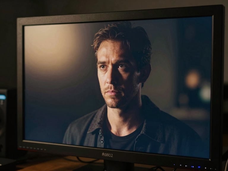 Cinematic close-up of a director's low-lit monitor displaying a high-contrast dramatic scene, soft golden anamorphic flare reflecting on the glass, dark studio background.