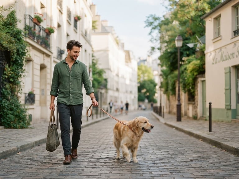 A warm editorial photograph of Davide walking a calm Golden Retriever on a leash along a quiet, sunlit Parisian street, shallow depth of field, 35mm.