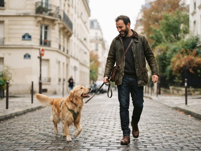 Authentic photograph of Davide with Vulcano, a playful Golden Retriever, walking on a quiet Parisian street in soft natural daylight, shallow depth of field, 35mm