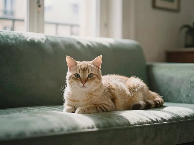 A calm cat resting on a sofa in a sunlit Parisian apartment, soft window light, shallow depth of field, warm editorial photography