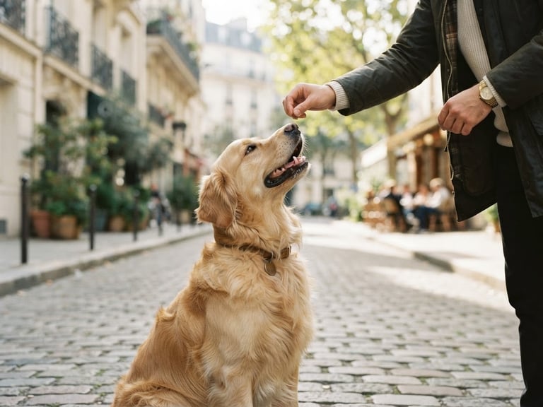 A playful Golden Retriever (Vulcano) looking up at Davide's hand, on a sunlit Parisian street, shallow depth of field, warm editorial photography, soft natural daylight, muted forest green and cream tones, 35mm