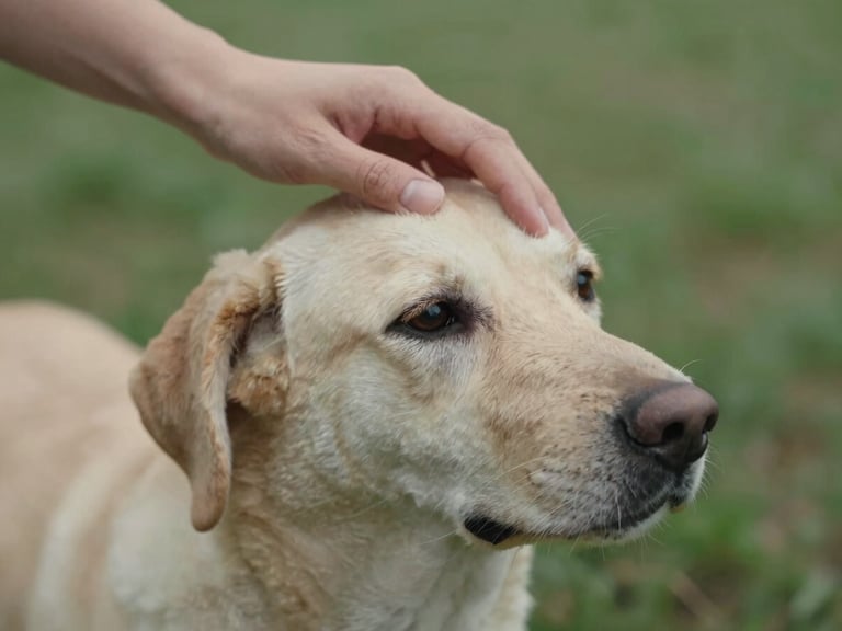Close-up of a hand gently stroking a dog's head, soft natural light, shallow depth of field, muted tones, warm editorial photography