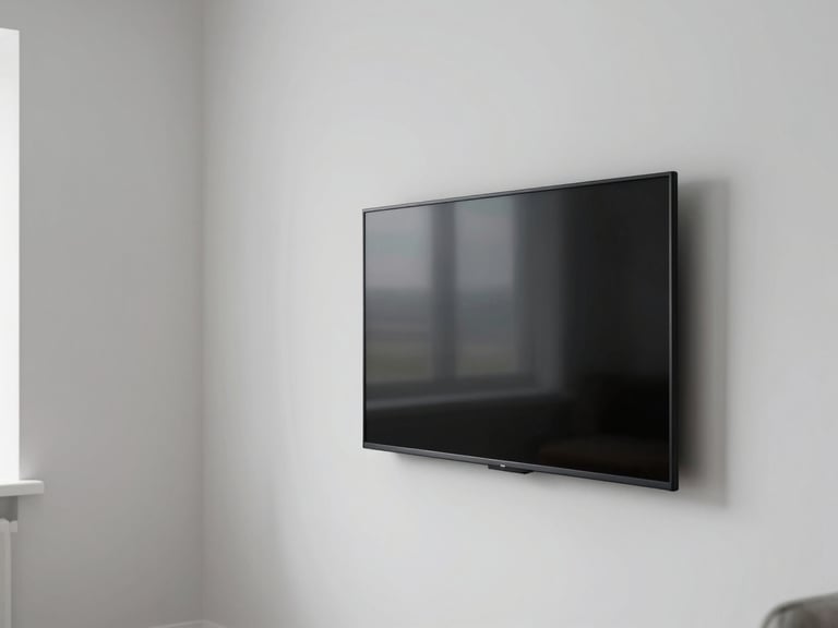 Wide environmental shot of a spare Scandinavian living room corner, a matte black smart display mounted flush on a white wall, cool north-facing daylight, no people, negative space to the left, editorial stillness