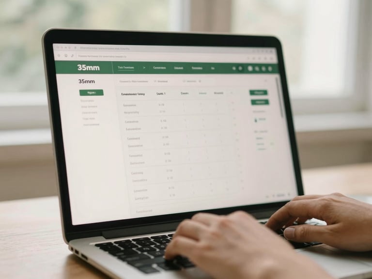 Focused shot of a laptop screen displaying a clean, easy-to-read investment dashboard, with a person's hands lightly resting on the keyboard, soft natural window light, muted forest green and cream tones, shallow depth of field, 35mm