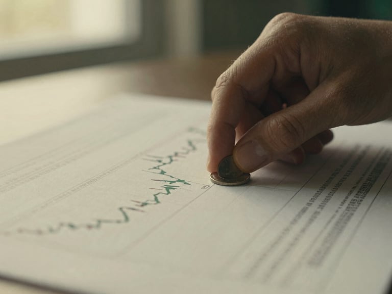 Close-up of a hand moving a small token on a financial chart, symbolizing rebalancing, warm indoor ambient lighting, muted forest green and cream tones, shallow depth of field, 35mm