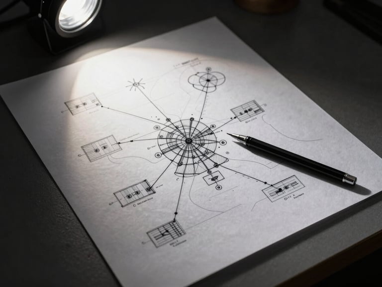 Overhead tight study of a strategist's desk mid-session — architectural dependency map drawn in precise lines on large paper, mechanical pencil resting at the edge, studio strobe lighting casting sharp shadows across the diagram, no ambient fill, controlled dark workspace environment