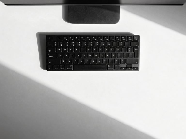 Straight-on flat lay of a minimalist workspace, sleek black keyboard on a stark white desk, sharp geometric shadows, high-contrast monochrome photography.