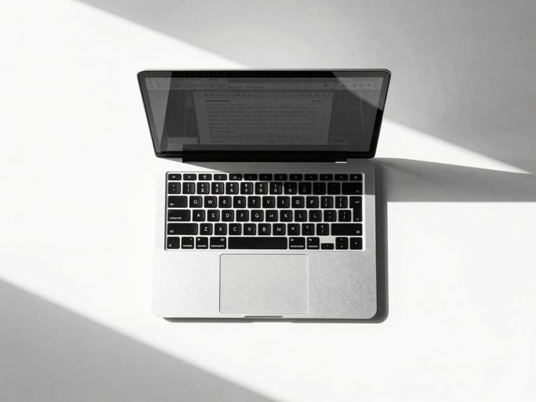 Straight-on flat lay of a minimalist monochrome workspace, a sleek modern laptop displaying a clean structured browser layout, sharp geometric shadows on a bright white desk, high-contrast studio light, stark black and white tones, 50mm lens