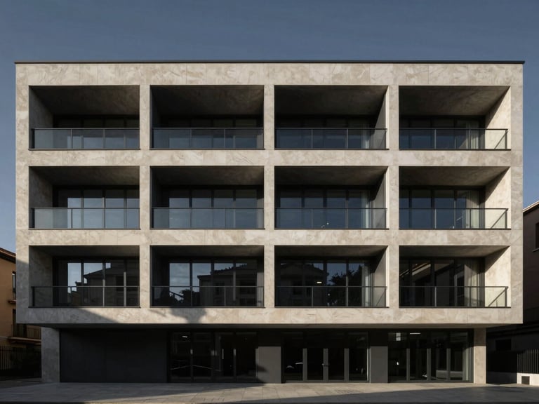 Wide-angle architectural elevation of a contemporary European residential building in Madrid, limestone facade and clean glass lines under sharp morning light, deep shadows, minimalist institutional aesthetic.