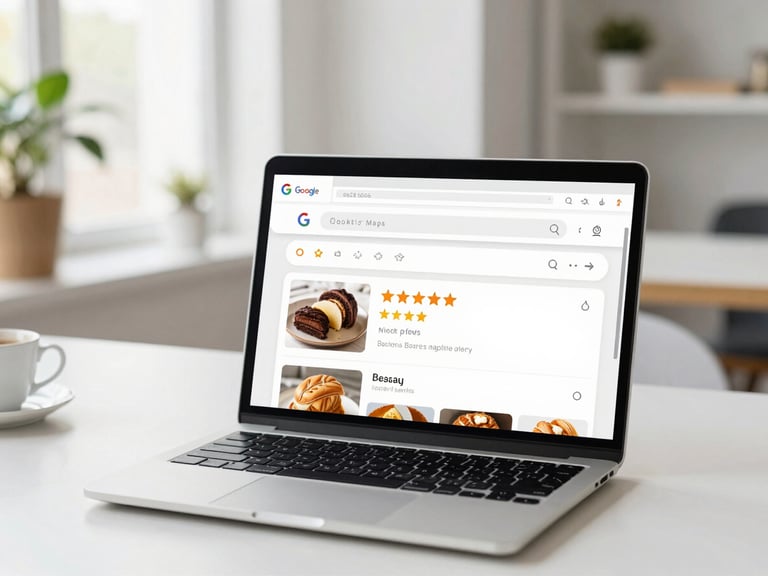 Clean UI mockup of a Google Maps search on a laptop screen, showing a local bakery with five-star reviews, bright modern workspace, natural light.