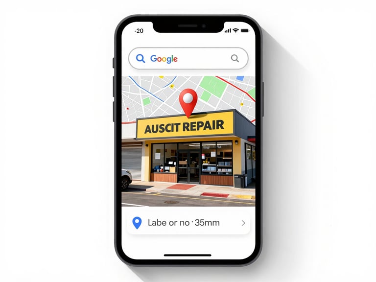 Clean UI mockup of a Google search result on a mobile phone, showing a local map with a pin highlighting an auto repair shop, bright daylight, high contrast.