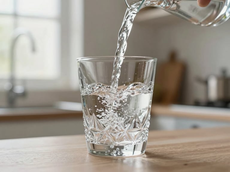 Close-up of a slow pour of pure water into an elegant crystal glass, soft diffused morning daylight, serene and minimalist kitchen background