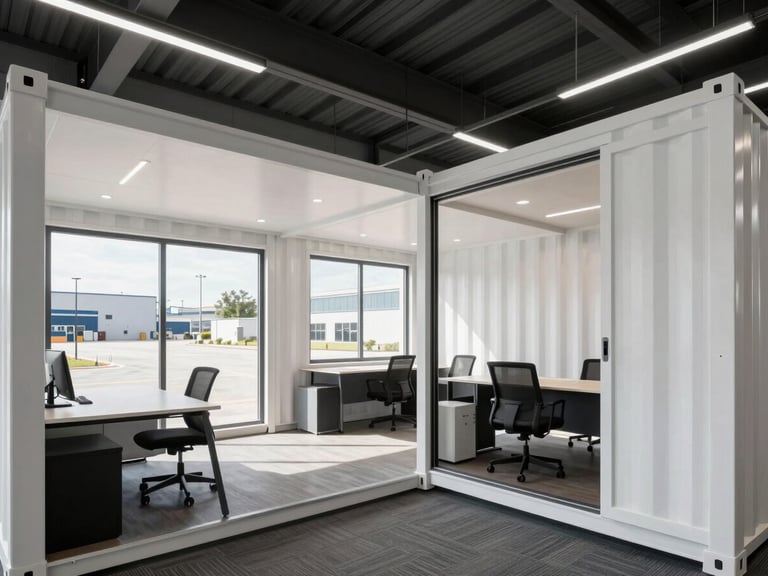 Sharp architectural interior shot of a clean, well-lit modular container office, featuring white walls, modern desks, recessed lighting, and a large window showing a clean industrial yard, bright natural daylight.