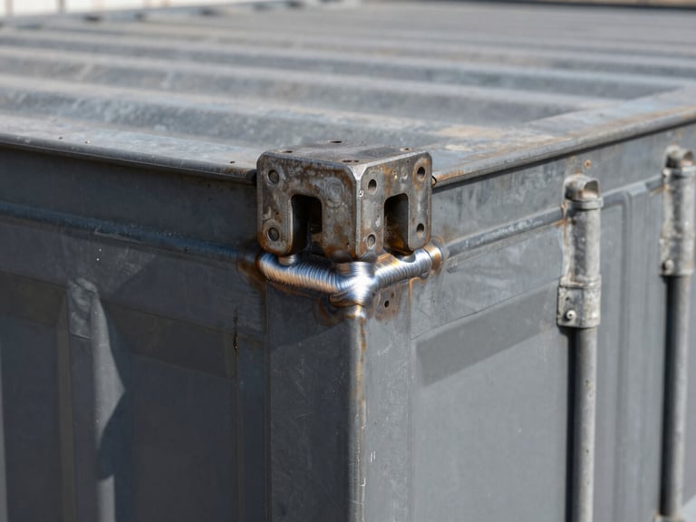 Close-up macro shot of heavy-duty steel welds and corner castings on a charcoal-gray shipping container, bright natural daylight, high-contrast industrial textures