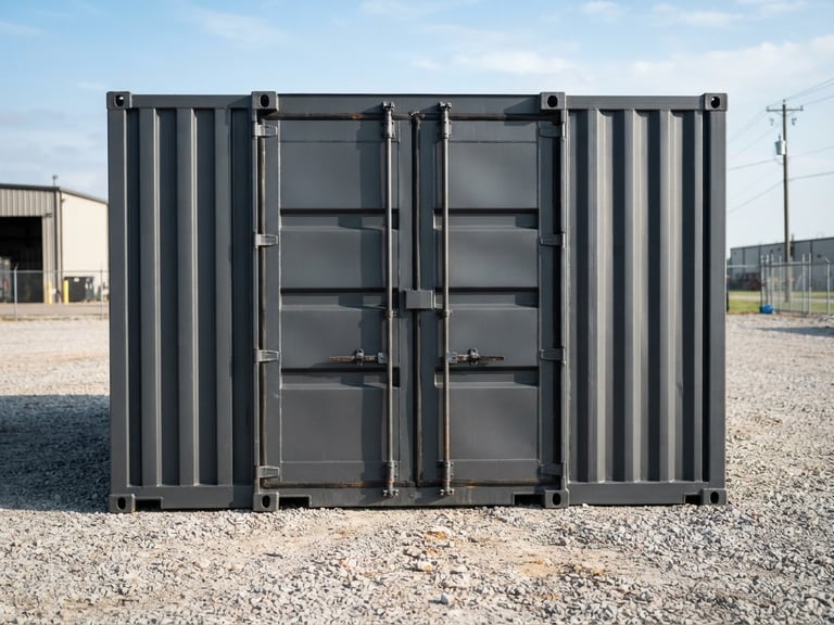 Wide-angle industrial shot of a pristine charcoal-gray storage container positioned on a clean gravel yard, sharp morning sunlight highlighting steel welds and heavy-duty locking bars, 35mm lens.