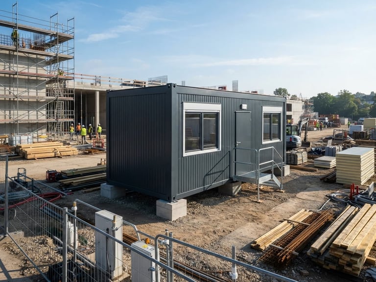 Wide-angle architectural industrial photography of a pristine, newly delivered charcoal-gray office container on an active but clean construction site, bright morning daylight, high-contrast steel textures, 35mm lens.