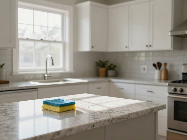 Bright New England kitchen after cleaning, natural light pouring through windows, sparkling clean quartz countertops, white cabinets.