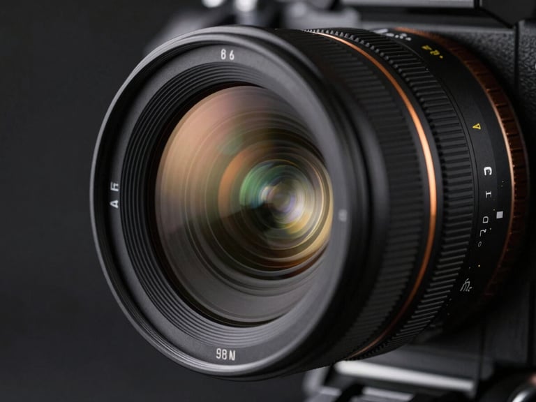 Close-up macro of a high-end cinema camera lens with subtle orange ambient rim light reflecting on the glass, dark studio background, shallow depth of field.