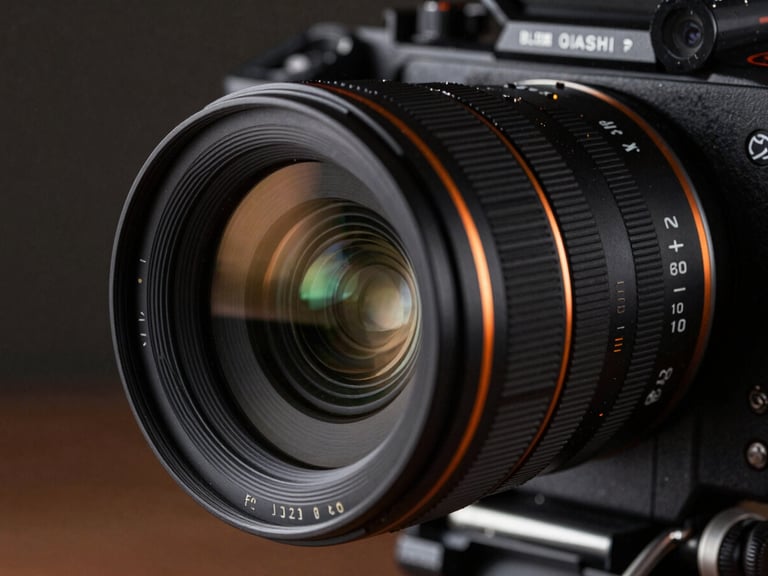 Close-up macro shot of a high-end cinema camera lens with orange ambient rim lighting, professional production environment, deep shadows, cinematic atmosphere.