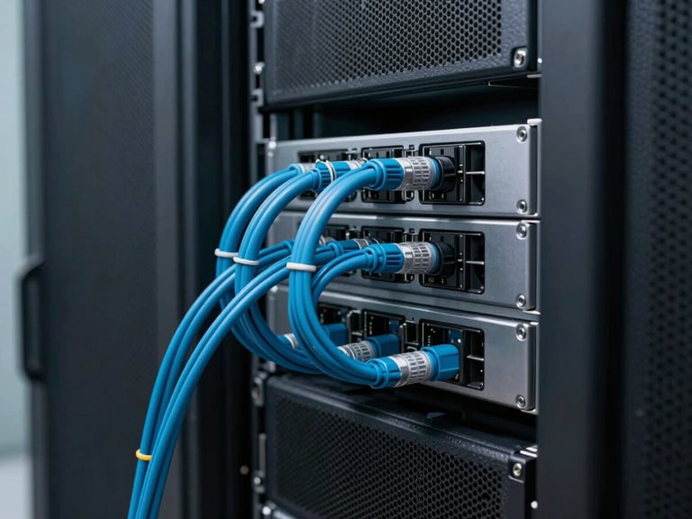 Sleek technical photography of clean server racks in a cool low-key lit room, tech teal blue cable management, 35mm macro focus