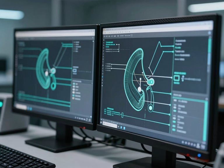 Close-up of diagnostic schematics on dual monitors in a modern engineering lab, sharp teal accents, 35mm