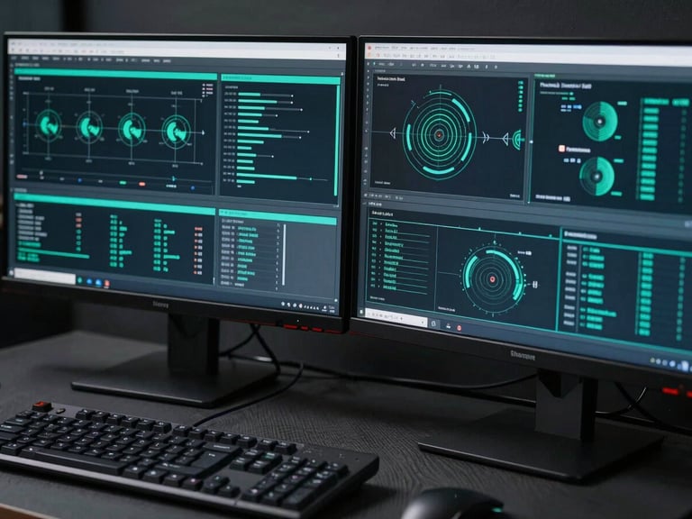 Sleek technical photography of dual monitors displaying complex system diagnostic charts and IT blueprints, cool low-key lighting, tech teal accents, 35mm