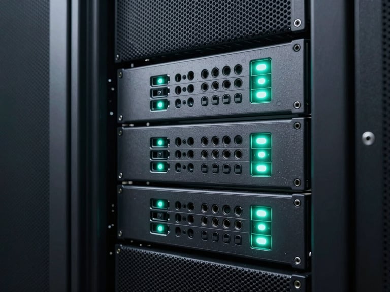 Sleek technical photography of clean server racks with glowing status indicators, cool-toned studio lighting, 35mm