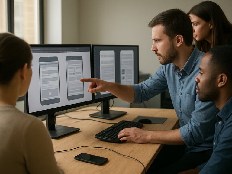 Wide environmental shot of a small development team gathered around a desk with two monitors showing Android interface wireframes, one person pointing at a touch-target detail on screen, bright even daylight from a window to the left, cables and a phone on the desk in the foreground