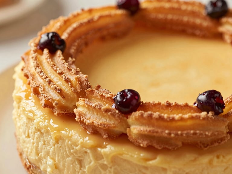Close-up macro shot of a golden-brown Churros Cheese Cake, showing the crispy churro topping and creamy cheese cake texture, warm natural light, shallow depth of field, 35mm